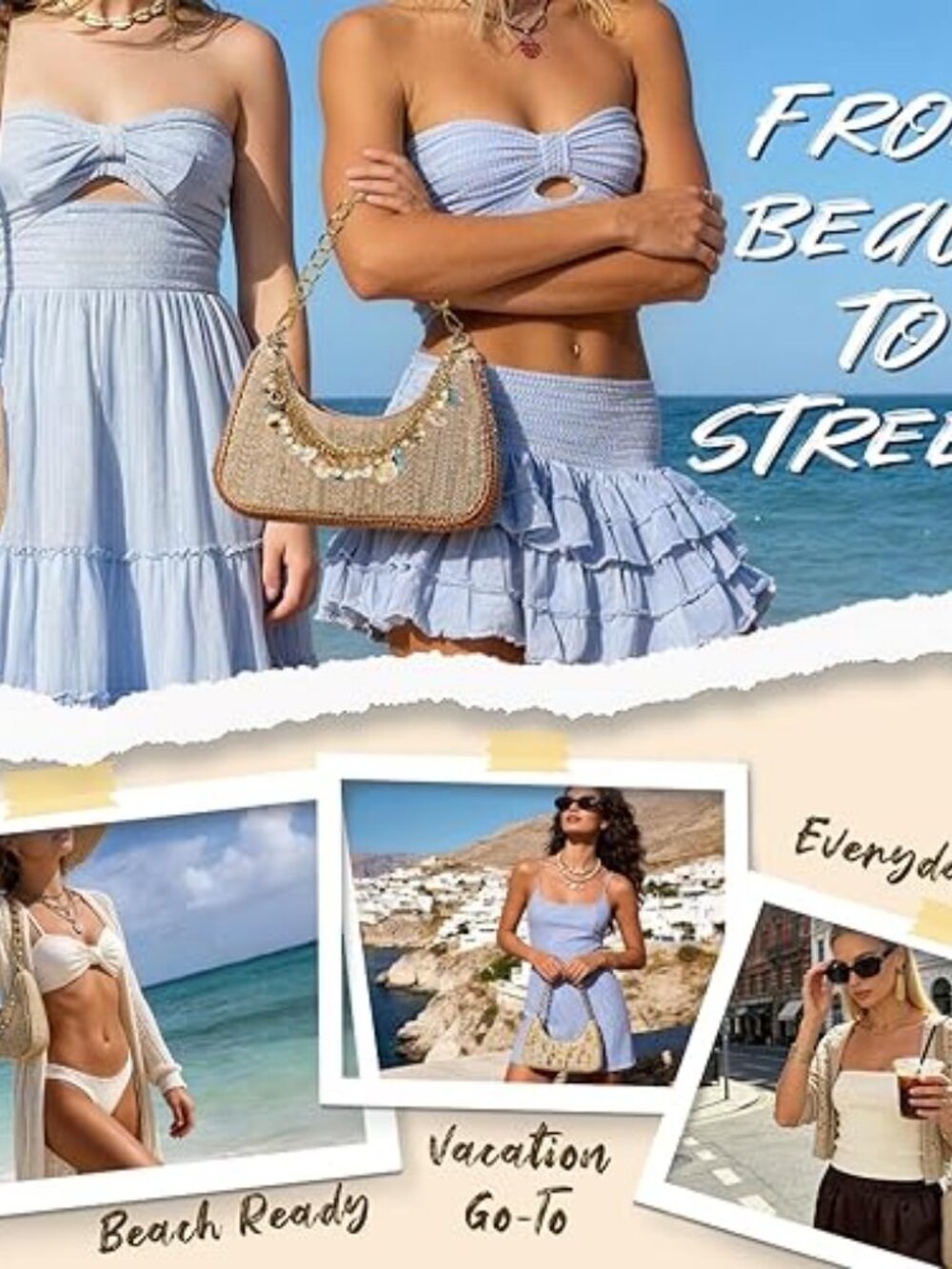 Beach Purse Straw Shoulder Bag for Women Summer Beaded Bag for Vacation Travel w - Picture 3 of 7